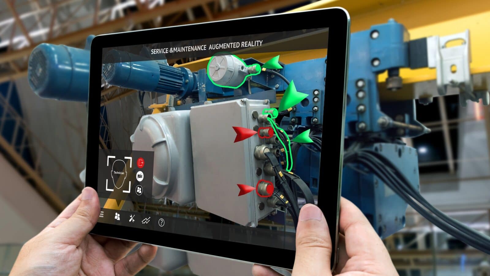 Tablet with AR App diagnosing an maintenance alert